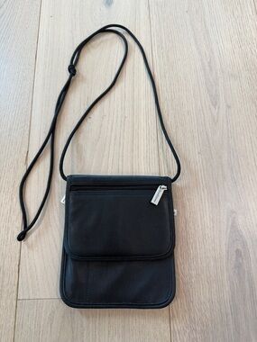 Brookstone Leather Travel-Friendly Black Crossbody Neck Pouch